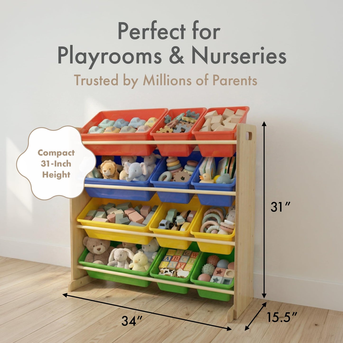 Humble Crew Kids' Toy Storage Organizer with 12 Plastic Bins, Natural/Primary, Model Number: WO560