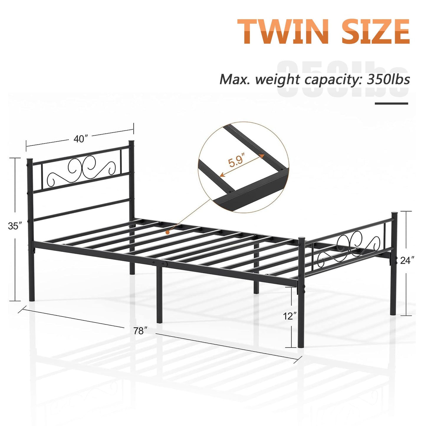 VECELO Twin Size Bed Frame with Headboard, 14 Inch Metal Platform Mattress Foundation, No Box Spring Needed, Easy Assembly, 2 PCS, Matte Black