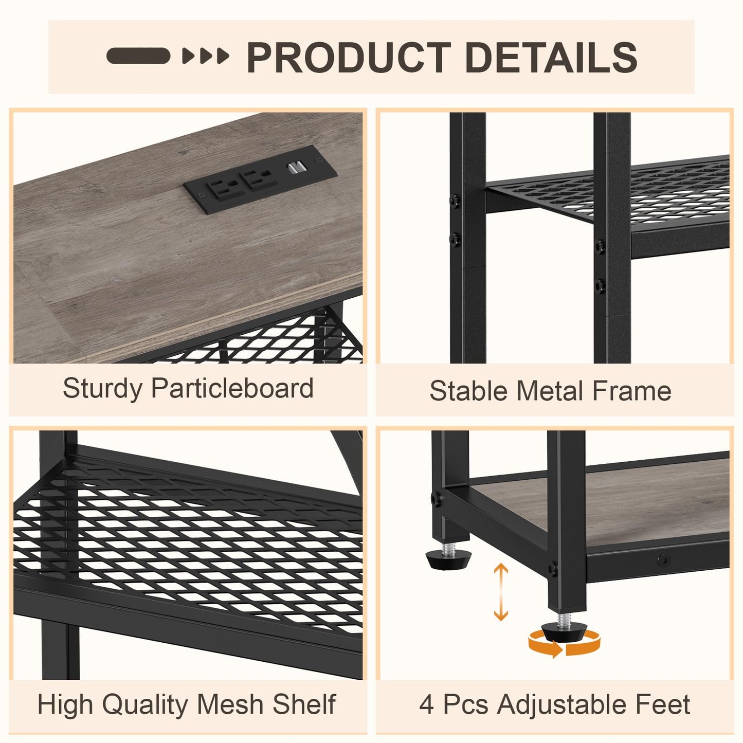 Snughome Entryway Table, Console Table with Charging Station, Industrial Narrow Sofa Table with 5 Tier Storage Shelves, Entrance Table for Hallway, Living Room, Foyer, Grey