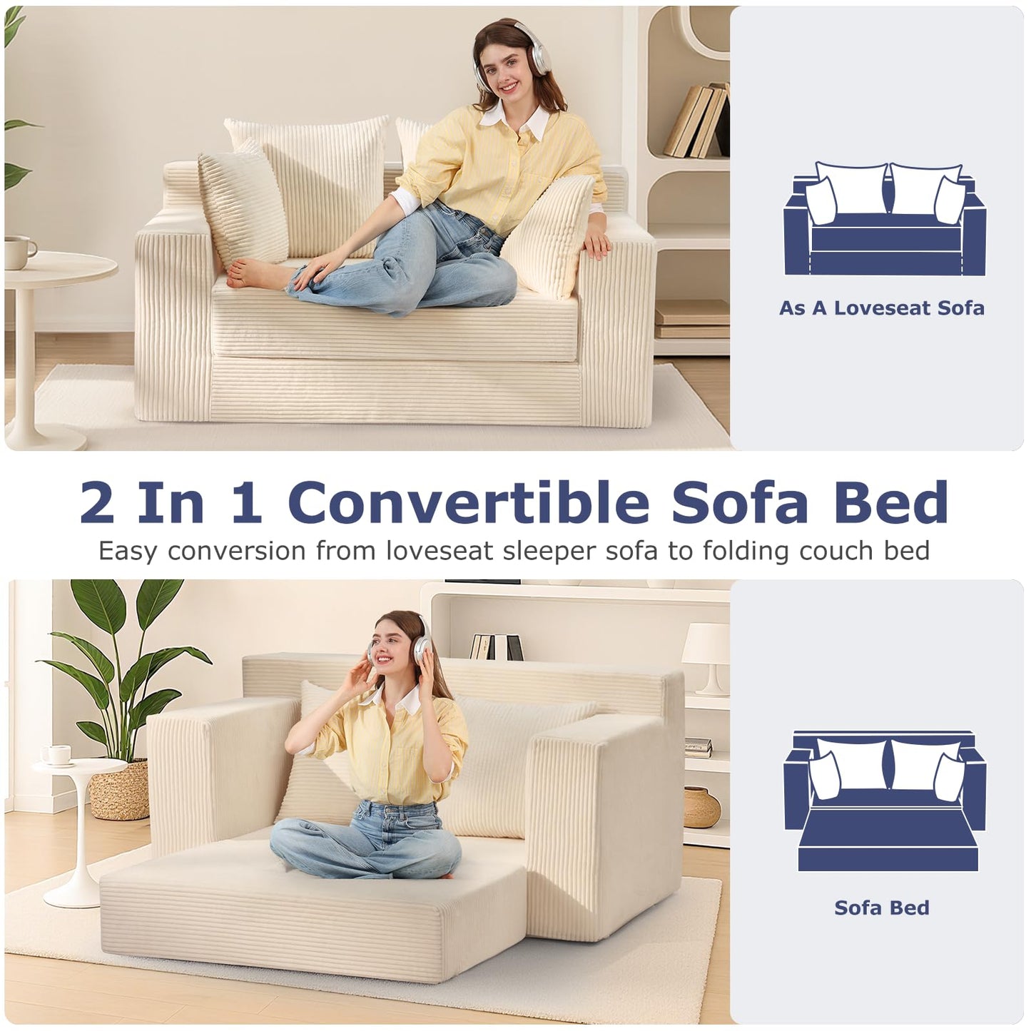 feliz home Convertible Sofa Bed, Boneless Couch Loveseat, 2 in 1 Folding Couch Bed, Fold Out Comfy Floor Futon Sofa with 4 Pillows for Living Room Bedroom, Beige
