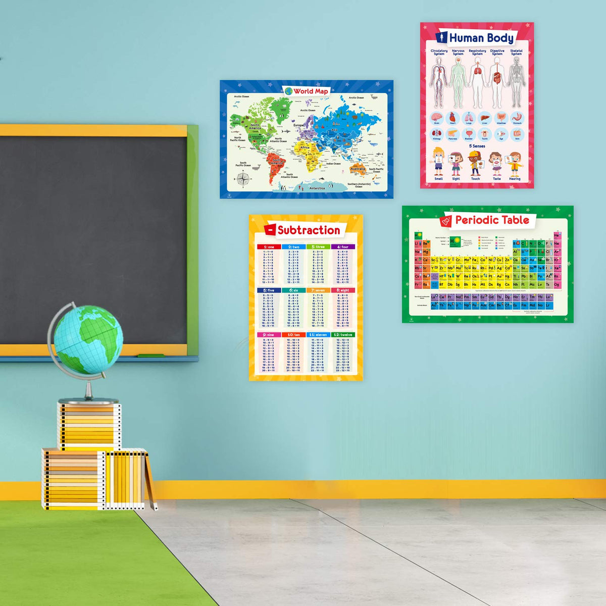 32 Educational Posters for Kids - Multiplication Chart Table, Periodic Table, USA Map, World Map, Solar System, Days of The Week, Division, Addition, Homeschool Supplies - 17x11 (Laminated)