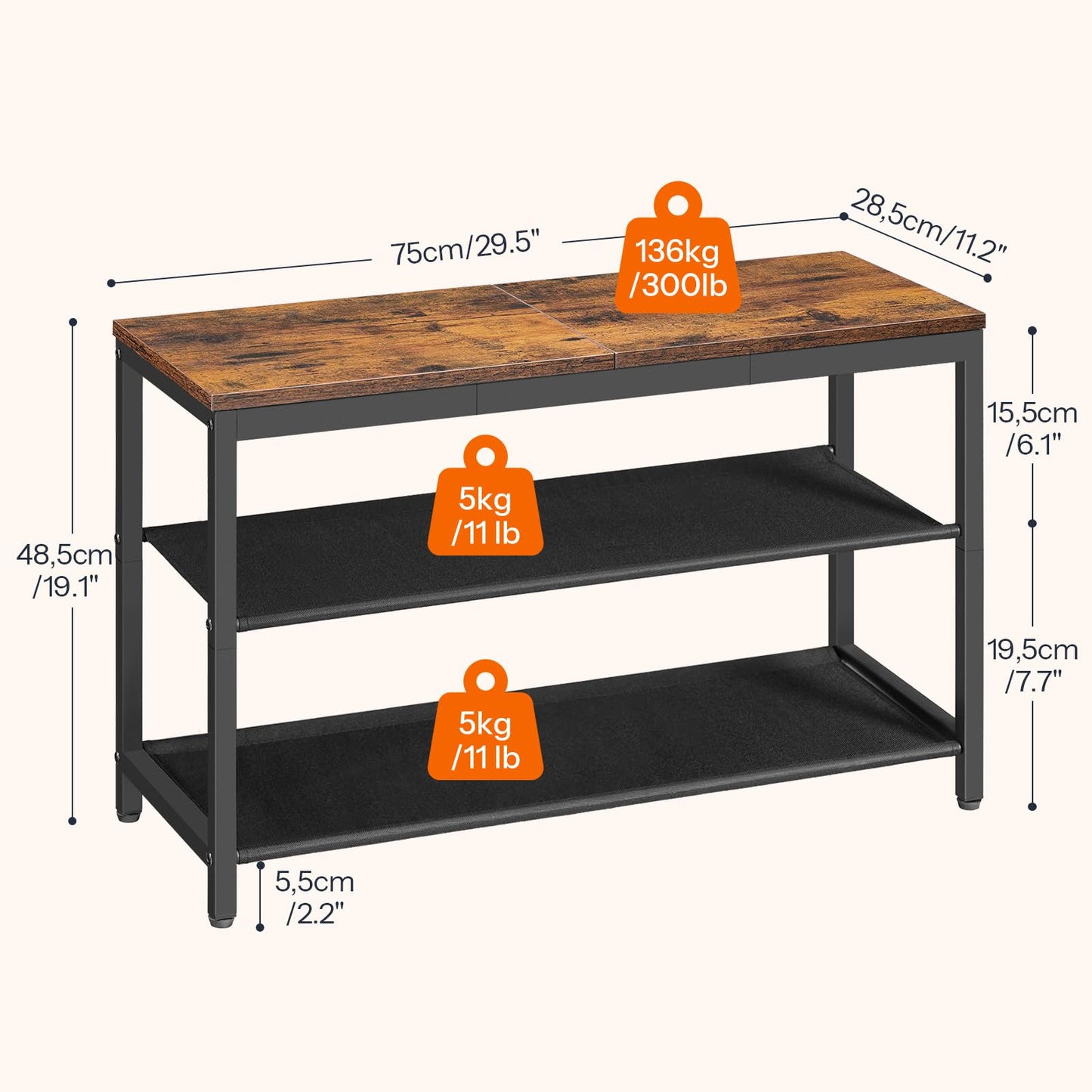 HOOBRO Shoe Bench, 3-Tier Shoe Rack Bench with Oxford Fabric Shelves, 29.5" L Industrial Shoe Storage Organizer for Hallway, Living Room, Holds Up to 300 lb, Space-Saving, Rustic Brown BF77HX01