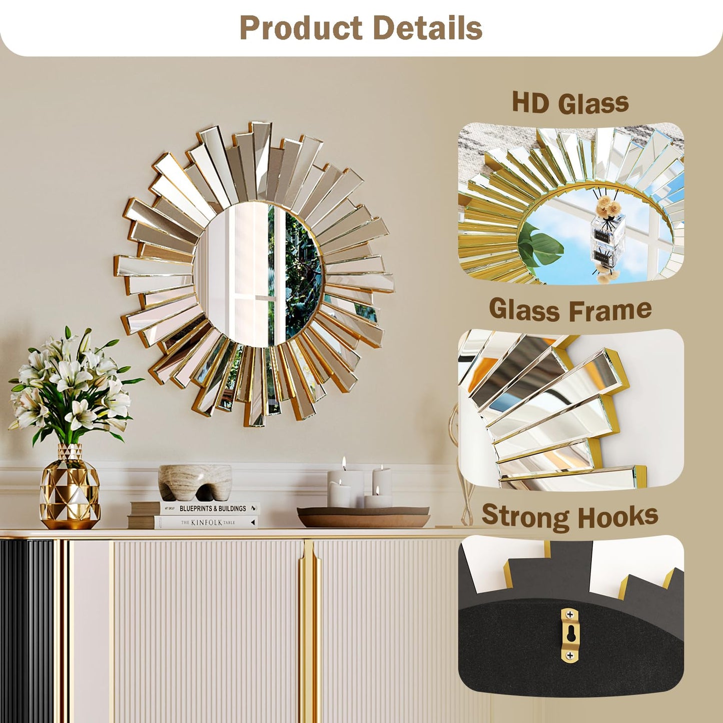 MYOTA Silver Sunburst Wall Mirror, 26" Decorative Round Accent Mirror with Beveled Mirrored Frame, Modern Glam Luxury Wall Decor for Living Room, Bedroom, Entryway, Dining Room and Fireplace