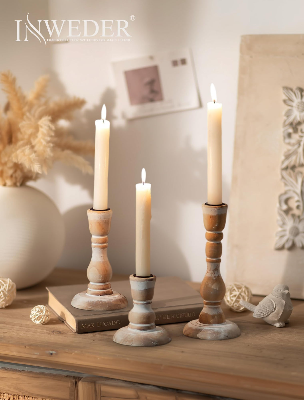 Inweder Wooden Candlestick Holders Rustic: Farmhouse Wood Taper Candle Holders Boho Candle Sticks Holder Fall Decor for Dinning Table Mantle Party Holiday Christmas Wedding Home Set of 6