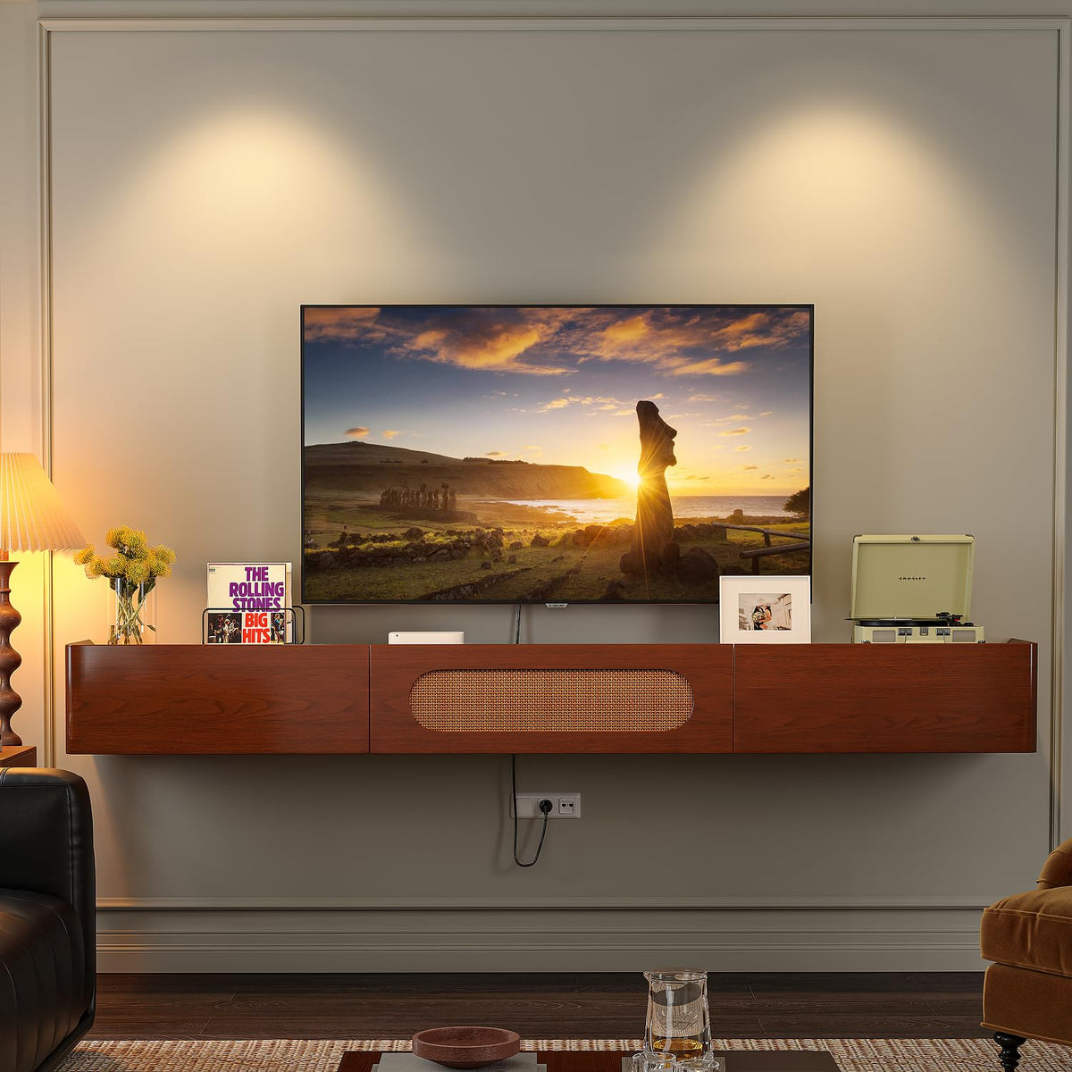 FurniNova Fully Assembled Floating TV Stand Wall Mounted 47'',High Gloss Floating Media Console with 2 Drawers & Rattan Door, Under TV Shelf for Living Room Bedroom Entertainment Center,Walnut