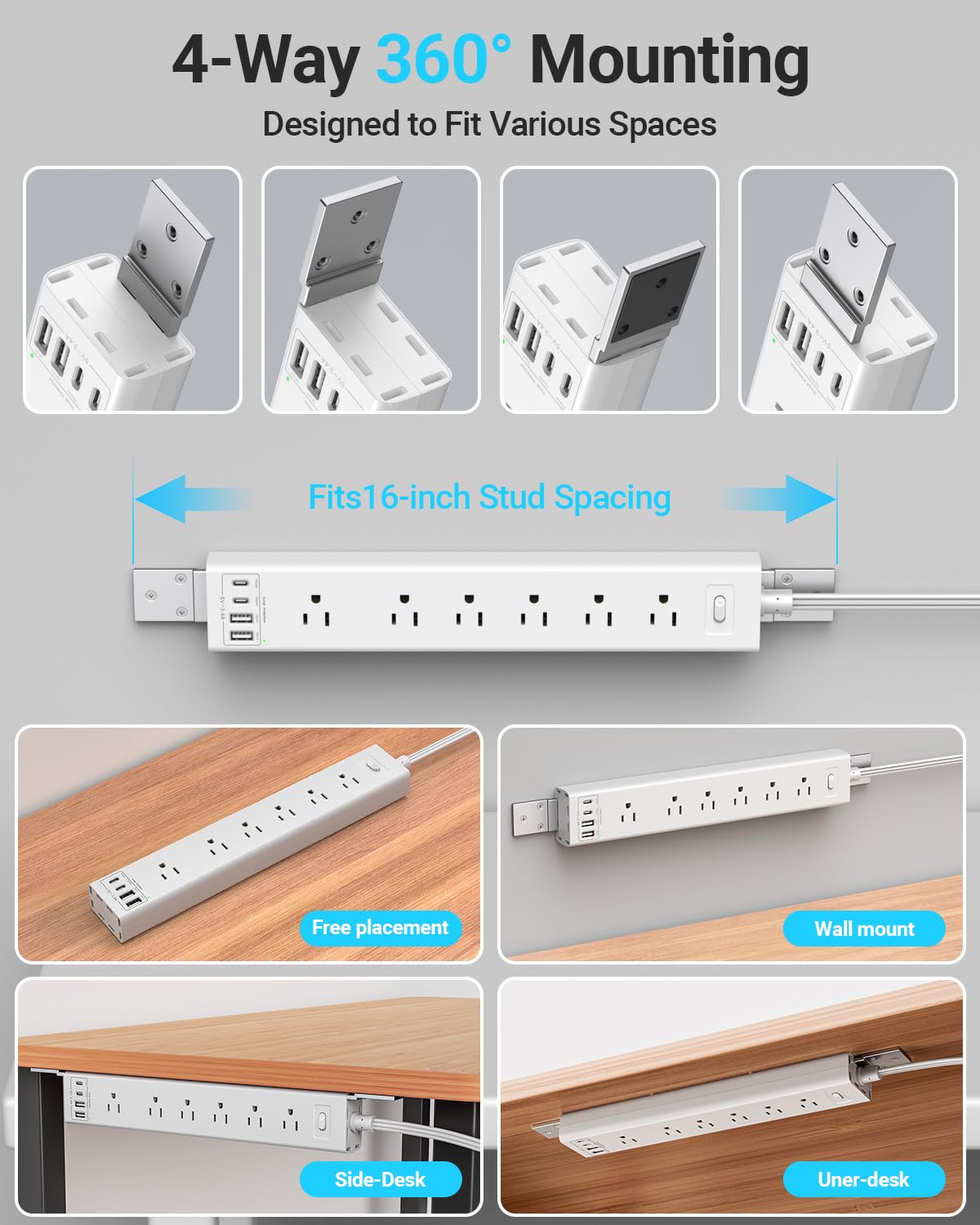 360° Mountable Surge Protector Power Strip with 4 USB Ports (2 USB C), 6 FT Electrical Outlet & Flat Plug Extension Cord for Under Desk, Wall, or Corner Mount (White)