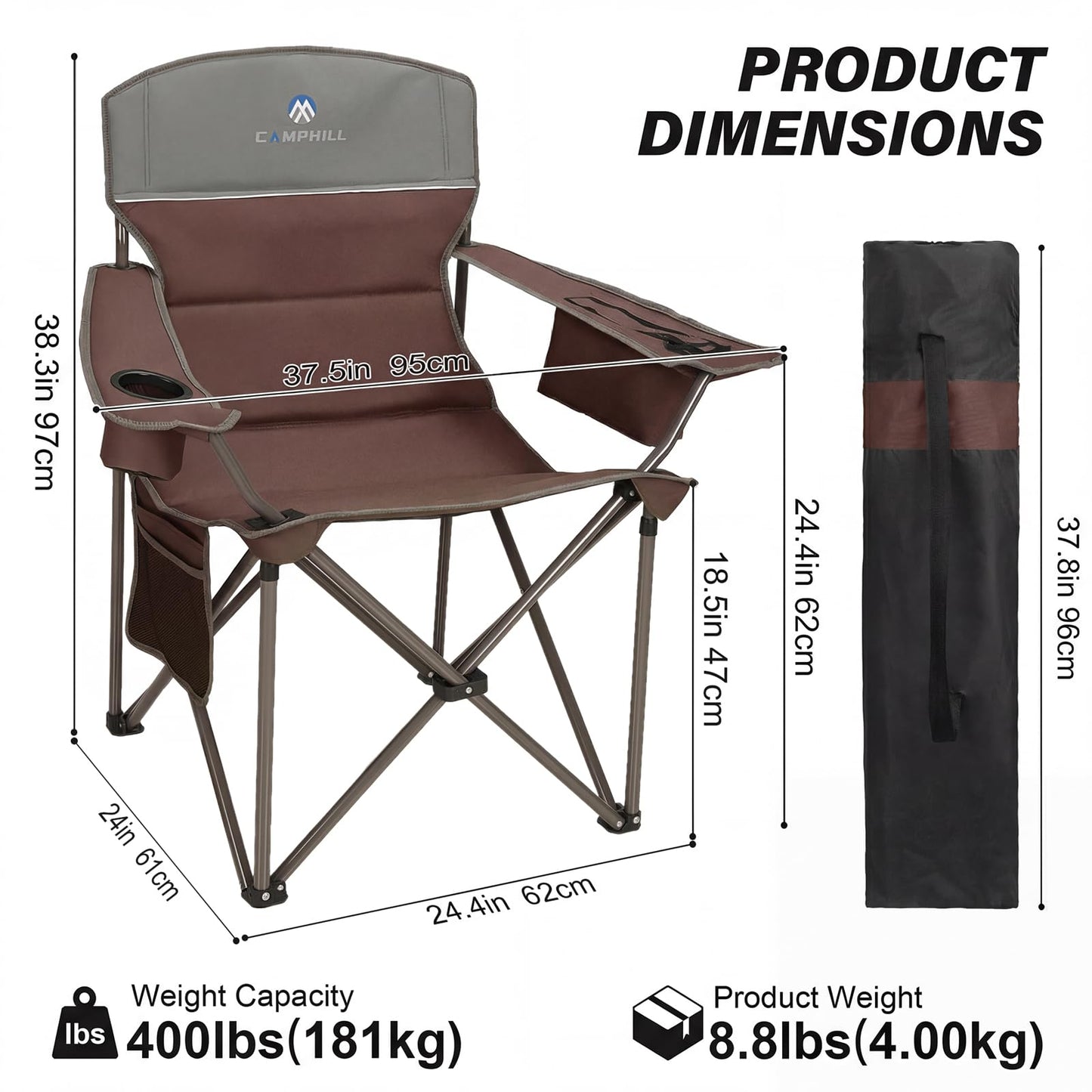 CAMPHILL Oversized Camping Chairs 2 Pack - Heavy Duty 400LBS Padded Lawn Chair with Cooler Bag,Cup Holder,Side Pocket,Collapsible for Outdoor,Camp,Fishing & Garden,Maroon