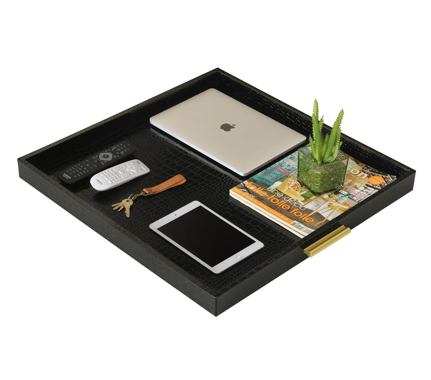 HofferRuffer Extra Large Square Serving Tray, Elegant Faux Leather Ottoman Tray with Gold Hardware Handles, Serve Tea, Coffee or Breakfast in Bed, 24 x 24 inches (Black Croco)