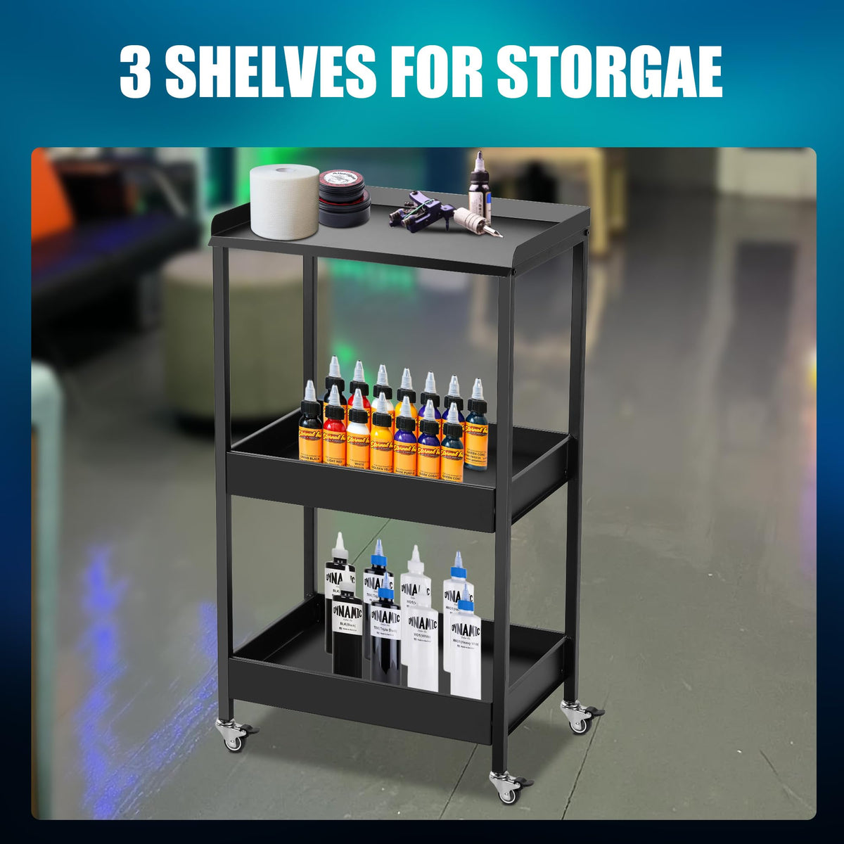 Poarmeey 3-Tier Tattoo Trolley Holder Stand with Tray and Tool Storage Platform Rolling Cart on Wheels for Tattoo Salon Spa Clinics Office Home Use
