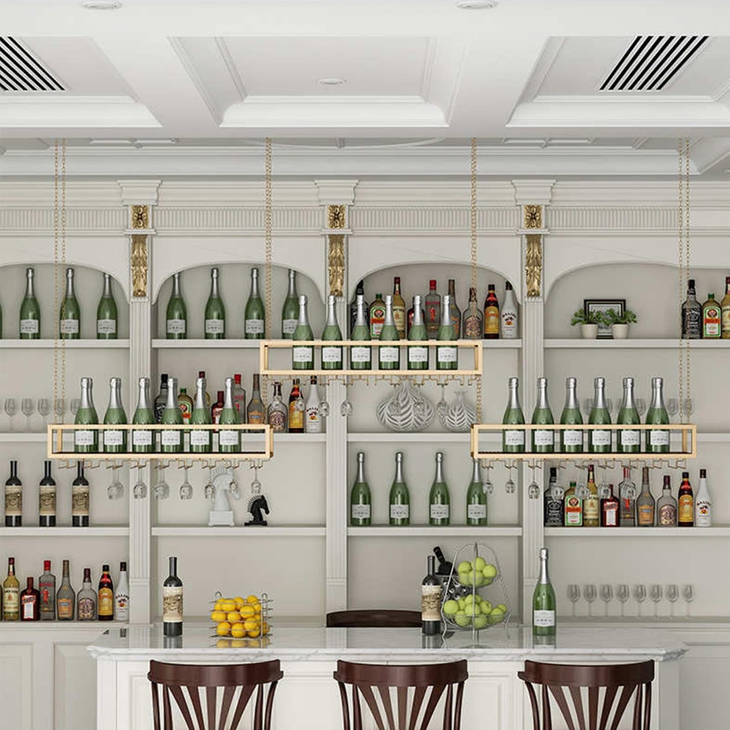 GFRWKCEX Hanging Wine Rack, Metal Ceiling Mounted Suspended Wine Glass Holder, Wall Wine Stand for Wine Bottles for Restaurant Cafe Kitchen, Floating Wine Storage Shelf(80x25x20cm)