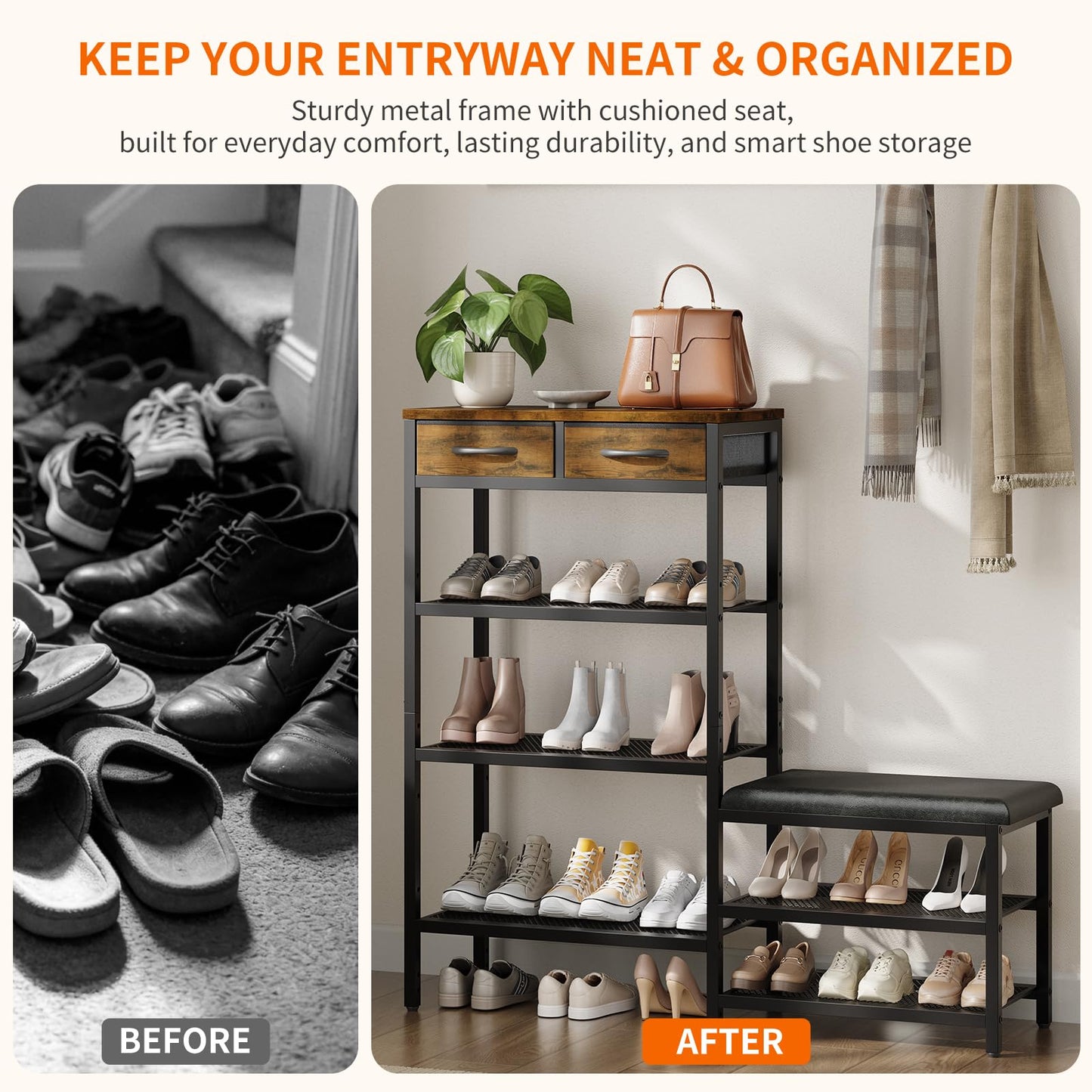Shoe Rack Bench Shoe Rack for Entryway, Cushioned Entryway Shoe Storage with 2 Drawers & 5-Tier Organizer, Metal Frame Wood Top Narrow Space-Saving Hallway Organizer for Closet & Front Door