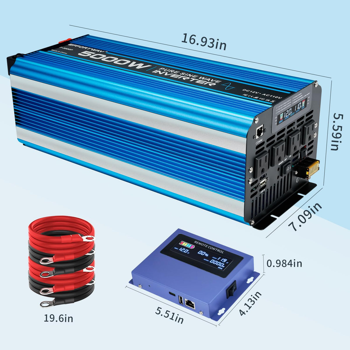 5000W Pure sine Wave Inverter DC 12V to AC 110V/120V Converter 10000w (Peak) with LCD Display Wireless/Wired Remote Control 4AC outlets 4USB and Hardwired AC.Ideal for RV Travel Off-Grid Solar Systems