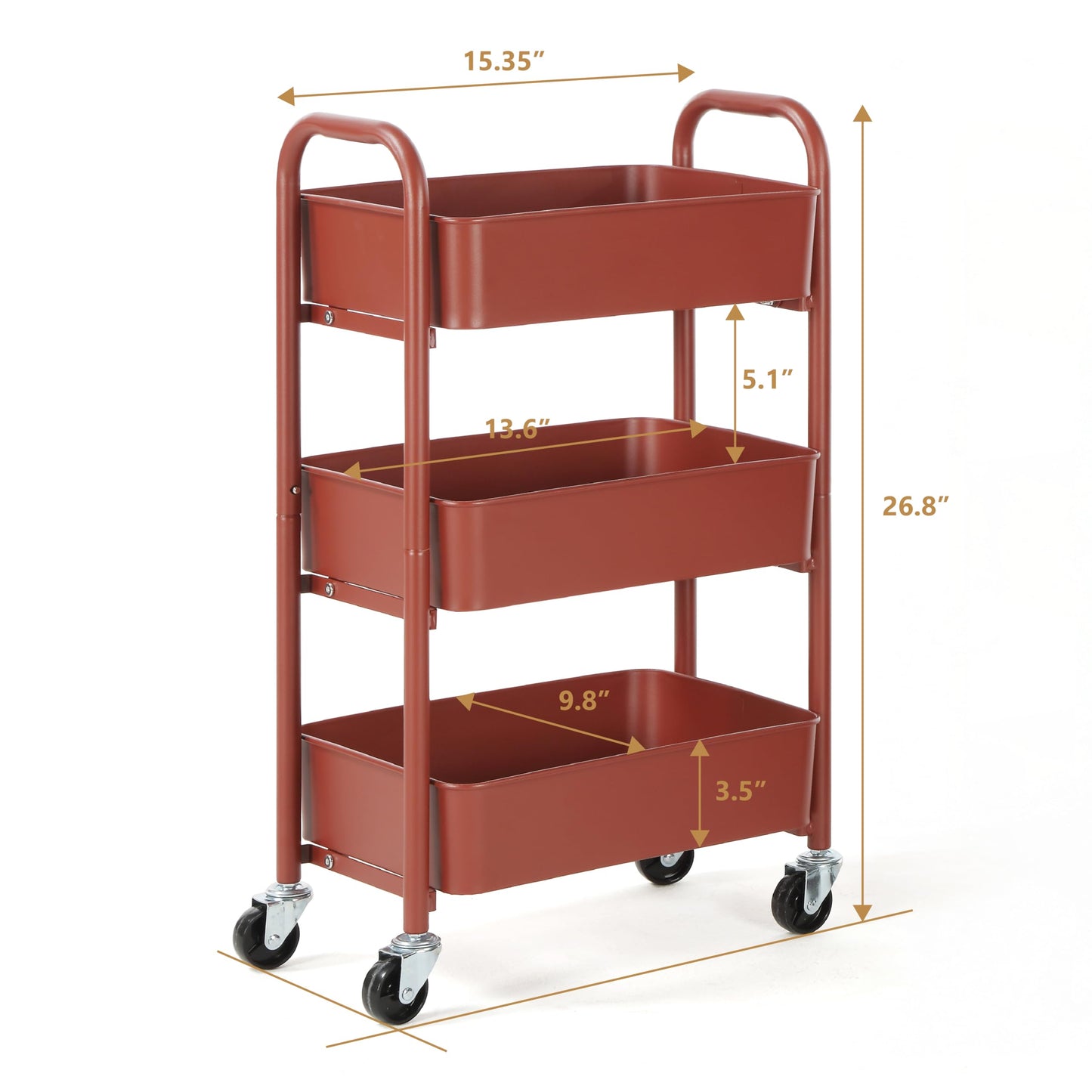 SunnyPoint 3-Tier Delicate Compact Rolling Metal Storage Organizer - Mobile Utility Cart Kitchen/Under Desk Cart with Caster Wheels (RED, 15.35" X 10.24" X 26.8"H)
