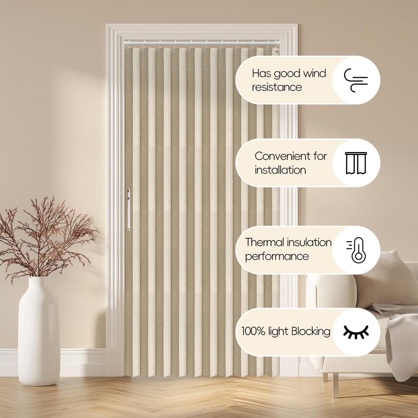AJAZZ 100% Blackout Magnetic Door Curtain Accordion Doors Interior Folding Closet Door Curtain Invisible Applicable Bedroom Room Living Room Doorway （Cream Yellow 42" W x 78" L 1 Panel