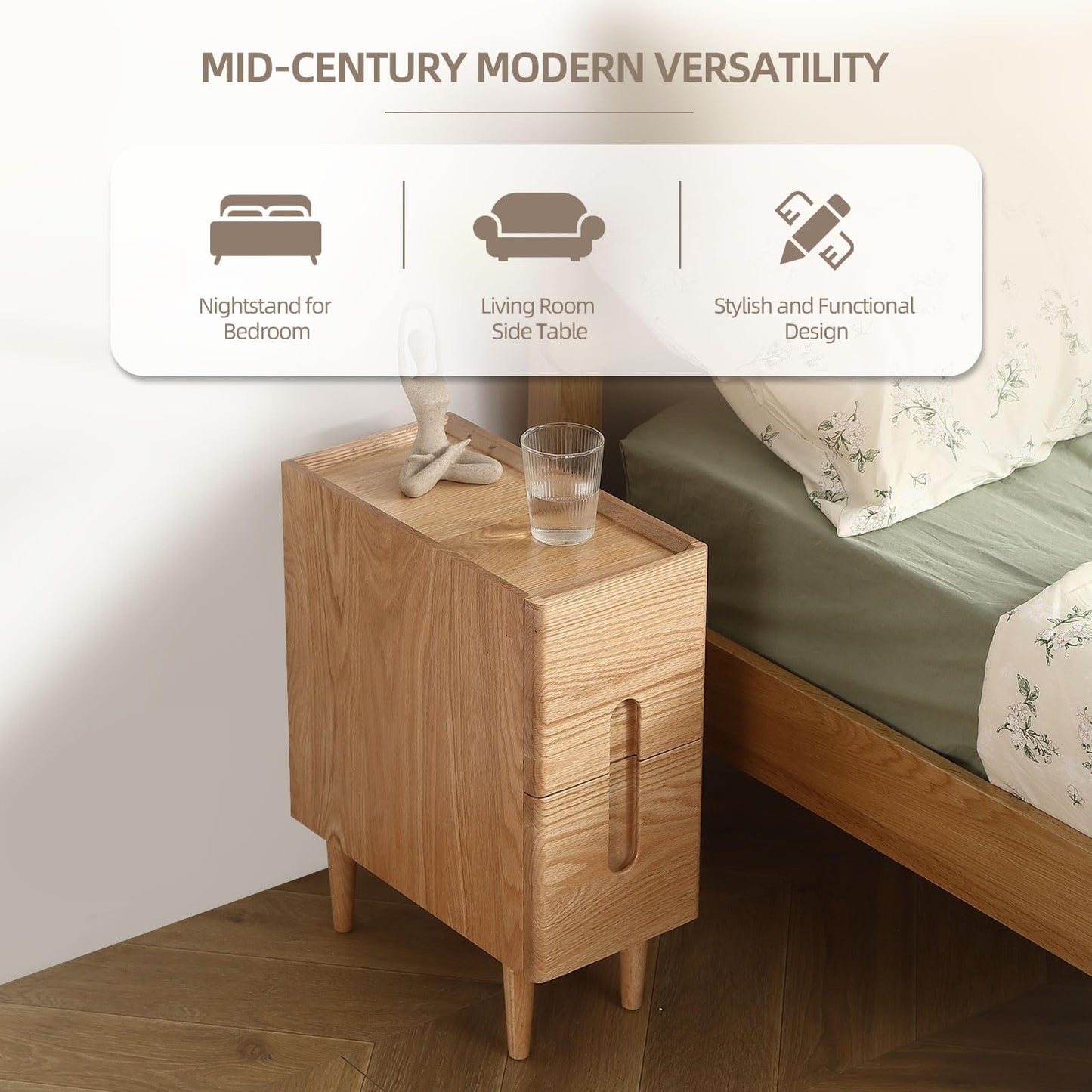Fetuero Solid Wood Bedside Table Nightstands, Slim Narrow Oak Real Wooden Mid-Century Modern End Table with Drawers Luxury Side Table Durable Cabinet Organizer Furniture, Natural Color 7.87in Wide