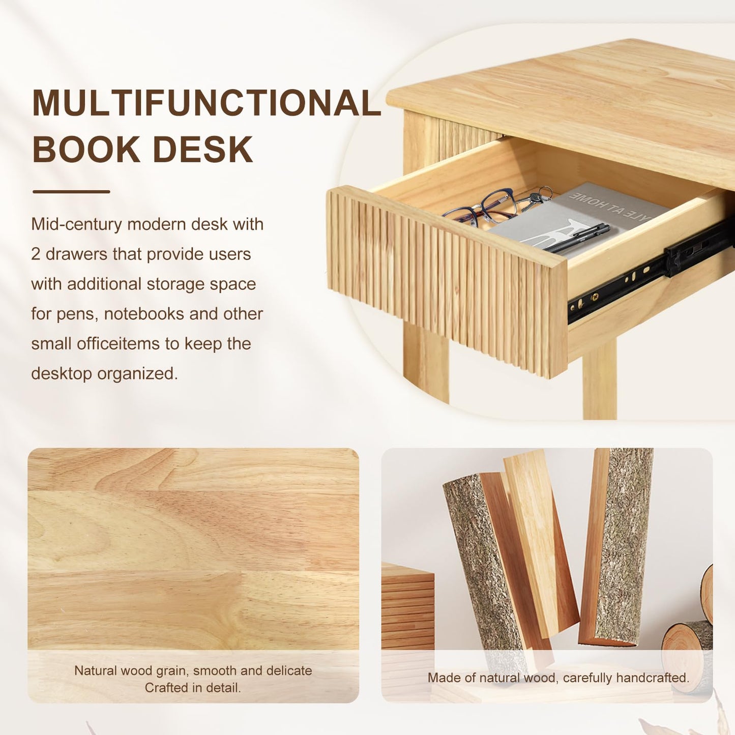Solid Wood Desk with 2 Drawers,Mid Century Modern Fluted Writing Desk for Home Office,Bedroom,Living Room,Computer Table for Study/Work,oak wood,Easy Assembly. (Nature, 39.4"L x 22"W x 29.5"H)