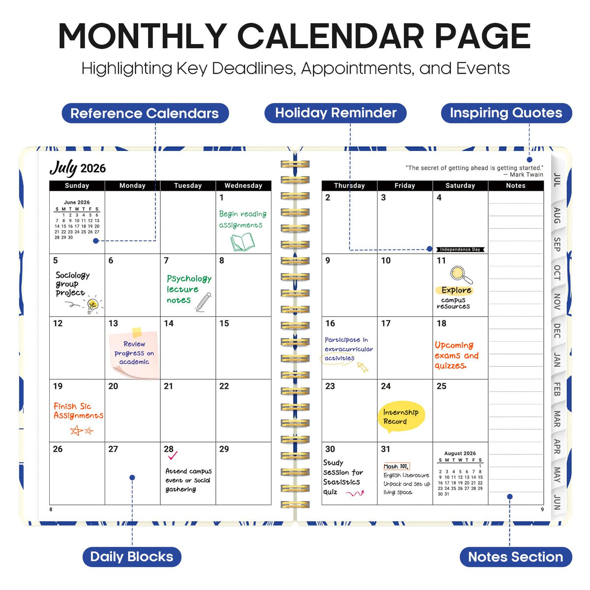 Planner 2026-2027, Academic Year Weekly and Monthly Calender Planner, from Jul 2026 - Jun 2027, Spiral Bound School Planning Book, Perfect for Teacher, Student, Women & Men, A5 (6.3" x 8.5"), Indigo Tulips