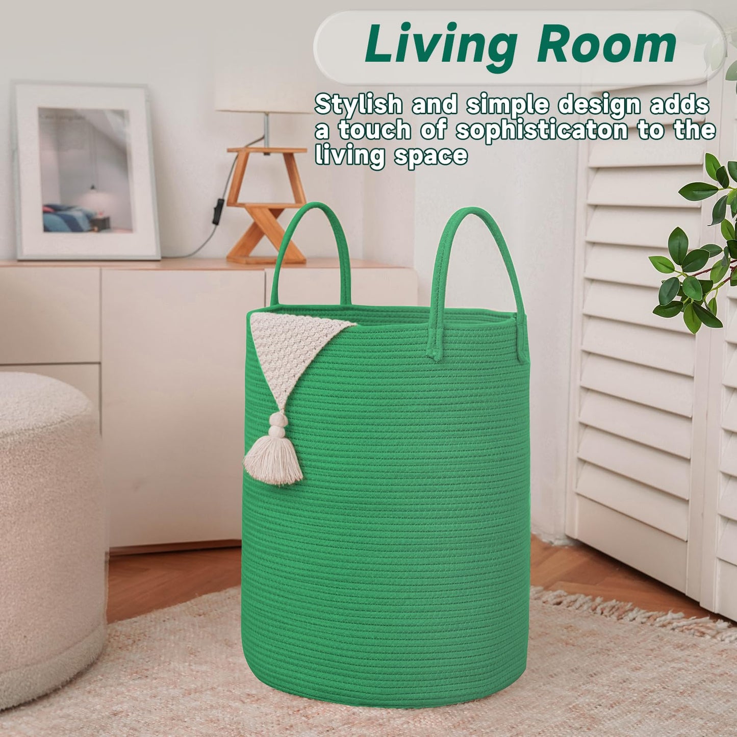 JMvicyroam Large Woven Laundry Basket Hamper,60L Cotton Rope Storage Bin for Blankets,Toys and Clothes,Decorative Tall Nursery Hamper for Living Room,Baby Nursery,Bathroom and Bedroom,Dark Green