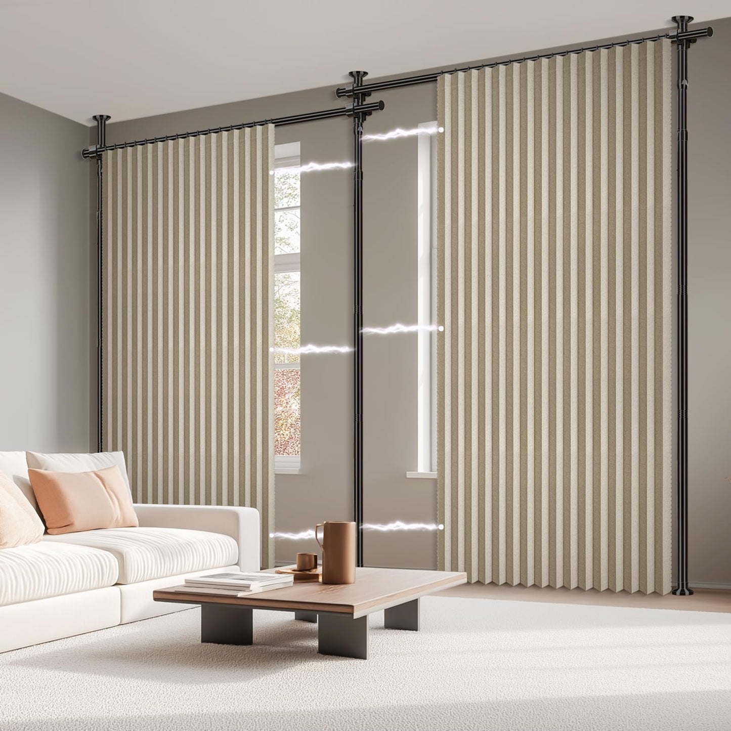 100% Blackout Room Divider Curtains Sets Beige 2 Panels W100 x L84in No Drill Curtain Rods(H) 43-120×(W) 35-200 in for Studio Apartment Dorm Office