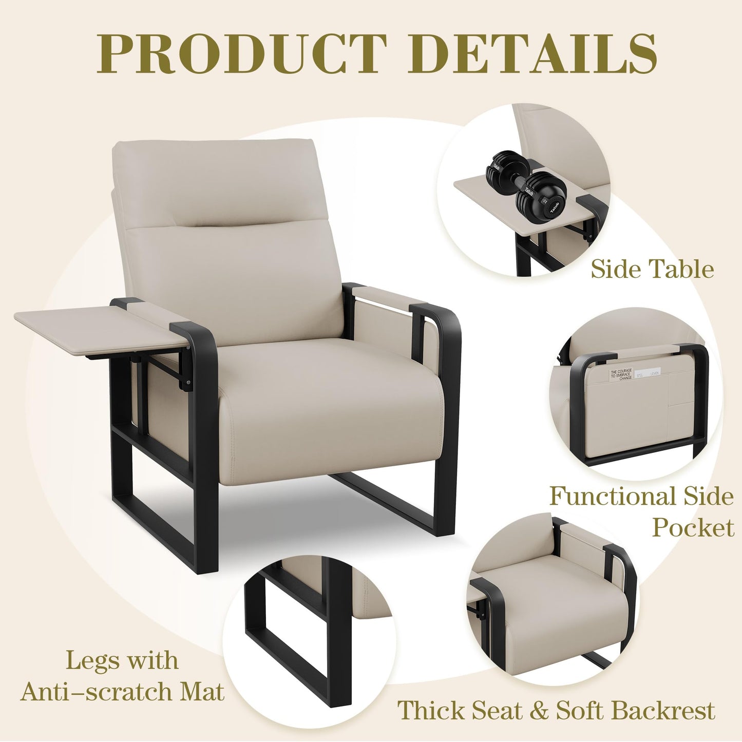 Apeaka Modern Accent Chair PU Leather Upholstered Armchair with Tray Table for Bedroom Living Room Chairs Office Chair Beige