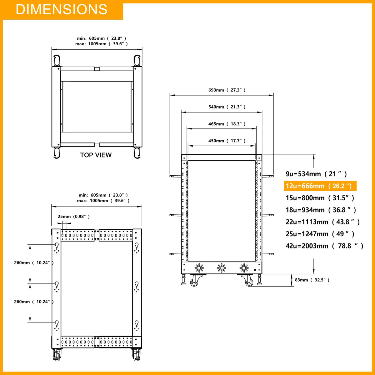 RIVECO 12U 19” Adjustable Depth Server Rack Support Up to 1700LBS Floor Standing 4 Post Rack with L Rails & Load-Bearing Casters Universal for Network Equipment Black