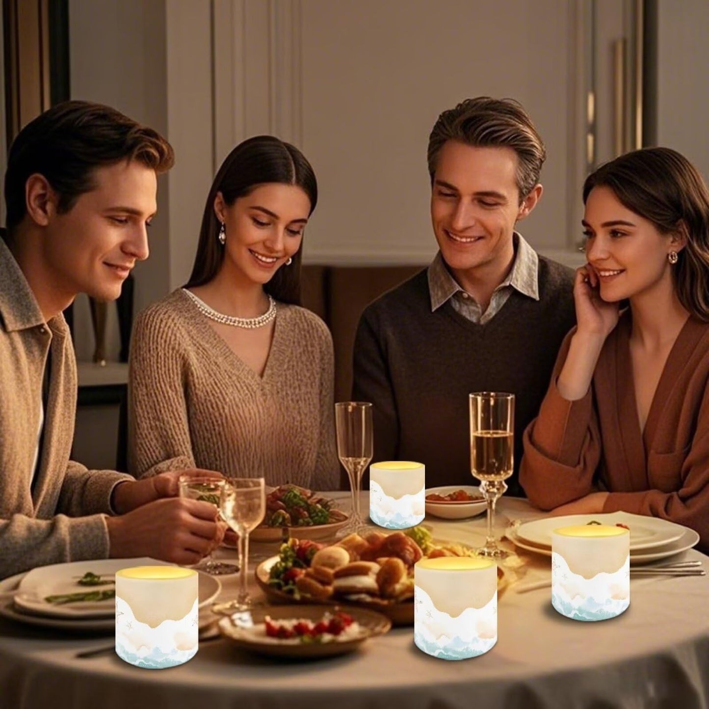 NETILGEN Beach Ocean Wave Decorative Flameless LED Pillar Candles with Timer Remote Control 4 Packs Set 3 inch Realistic Flickering Candles with Battery Powered