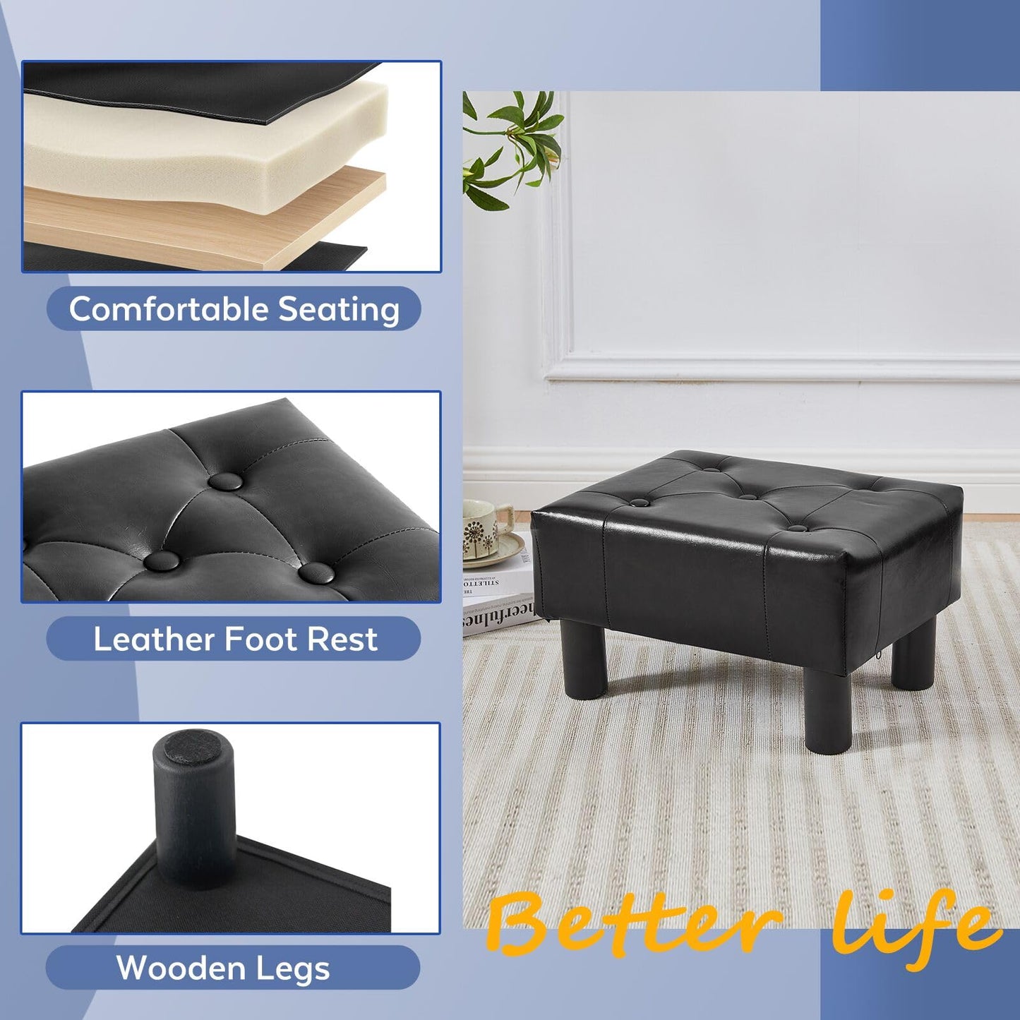 FIMIVIBI Small Foot Stool Ottoman, Faux Leather Footstool Ottoman Foot Rest for Couch, Rectangle Footstools and Ottomans Small for Living Room, Entryway and Bedroom (Black)