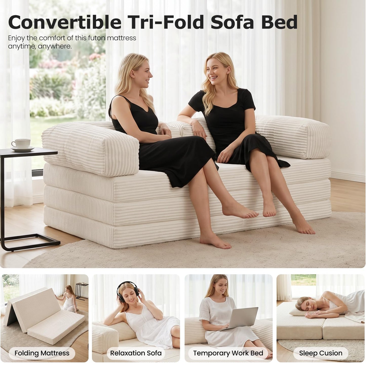 AOLVDOW Convertible Sofa Bed, Tri-Fold Foldable Mattress with Removable Arms & Washable Cover, Portable Mattress Futon Sofa Bed, No Assembly Required & Non-Slip, Queen Size, Beige