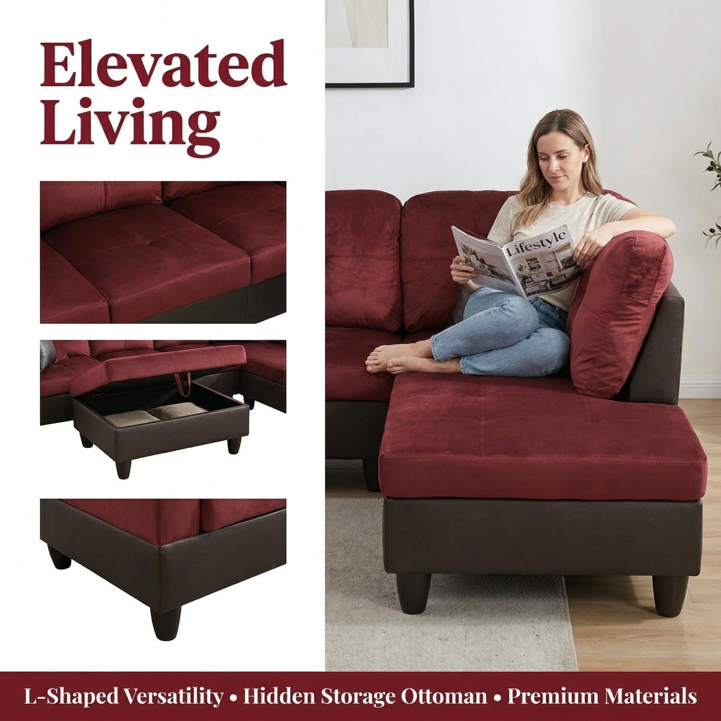 NicBex Sectional Couch 3 Pieces Sofa Set, L-Shaped Modular Couches for Living Room, Furniture Sets with Lounge Chaise & Storage Ottoman, Multi-Scene Use for Apartment & Office, Red+Black