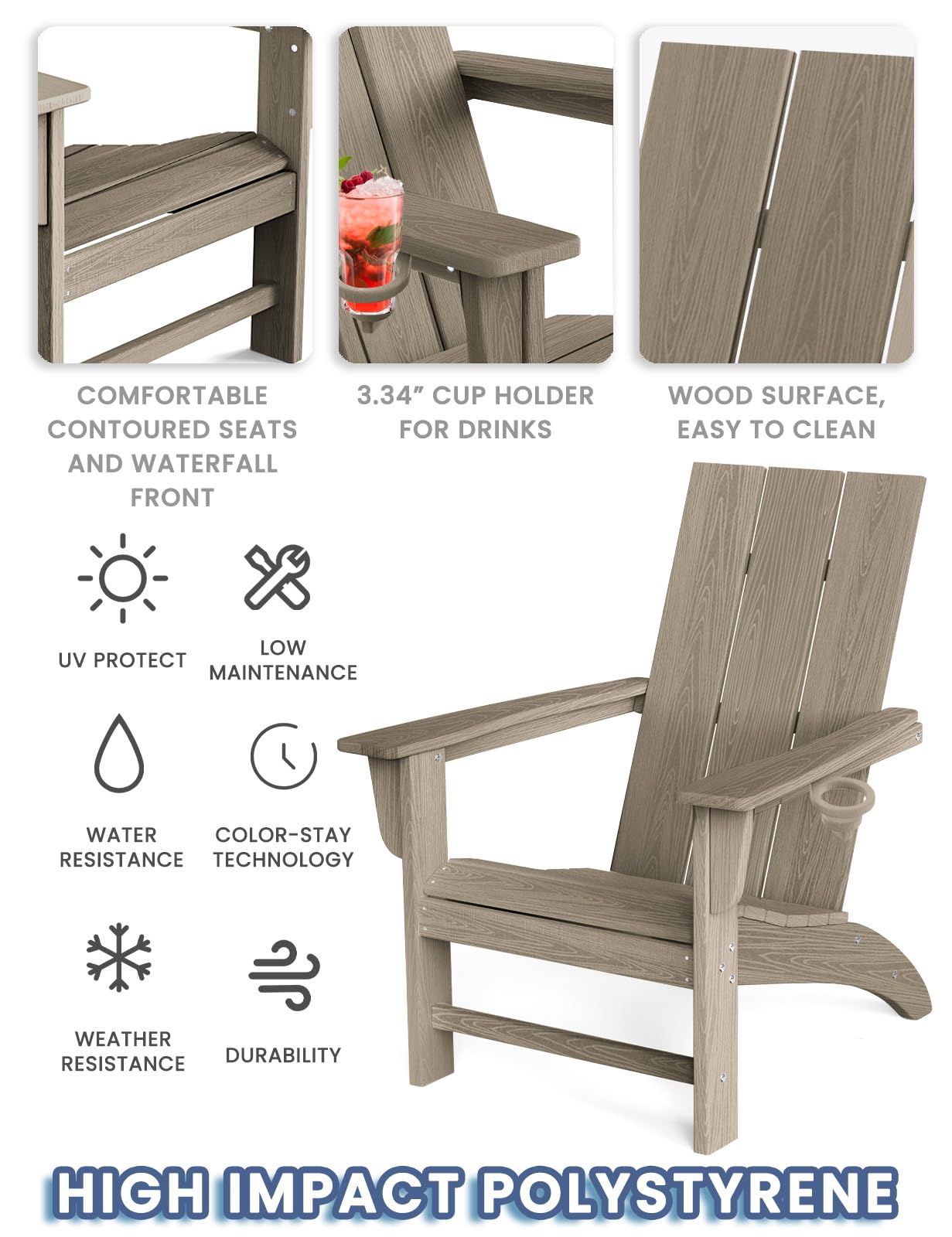 POLYDUN Modern Adirondack Chair, HDPE Plastic Patio Chairs for All Weather, Fire Pit Chair, Outdoor Lawn Chairs for Deck, Porch, Backyard, Garden, Weathered Wood