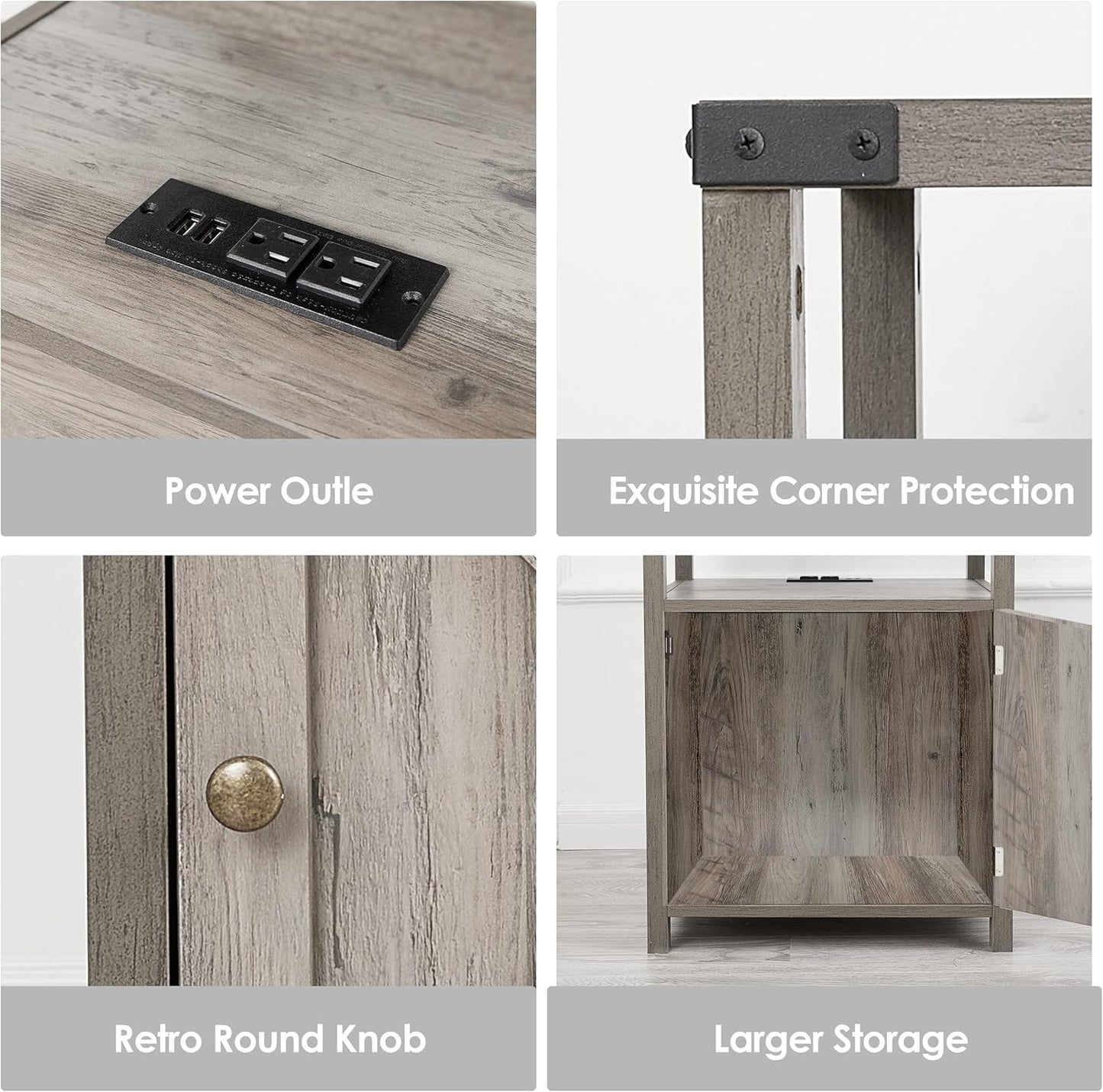 HOSEOKA Farmhouse Nightstand Set of 2 with Charging Station, Rustic End Table Bedroom with Storage Living Room Side Table Dark Oak Night Stand Industrial Bedside Bed Table with USB Ports and Outlets