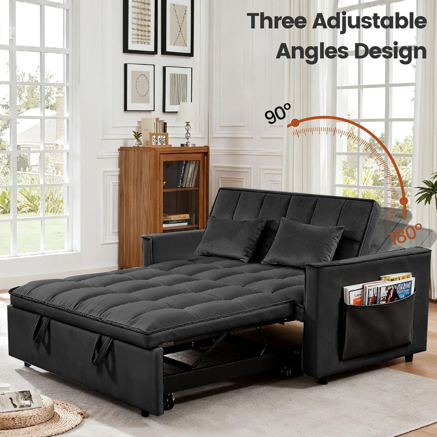 Trygoal 3 in 1 Sofa Bed, Loveseat Sleeper Sofa Bed with Side Pockets, Velvet Fabric Pull Out Couch with Adjustable Backrest for Living Room, Bedroom, Apartment, Black