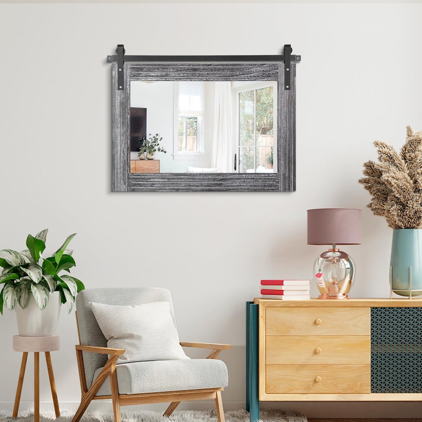 AAZZKANG Rustic Wall Mirror with Wood Framed Barn Door Mirror Rectangular Bathroom Mirror 18"x26" Bedroom Living Room Entrance Vanity Mirror Horizontal