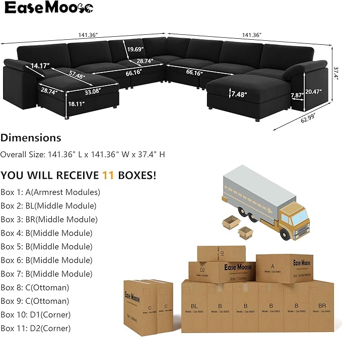 EASE MOOSE Oversized L Shaped Sectional Modular Sofa, Large U Shaped Sectional