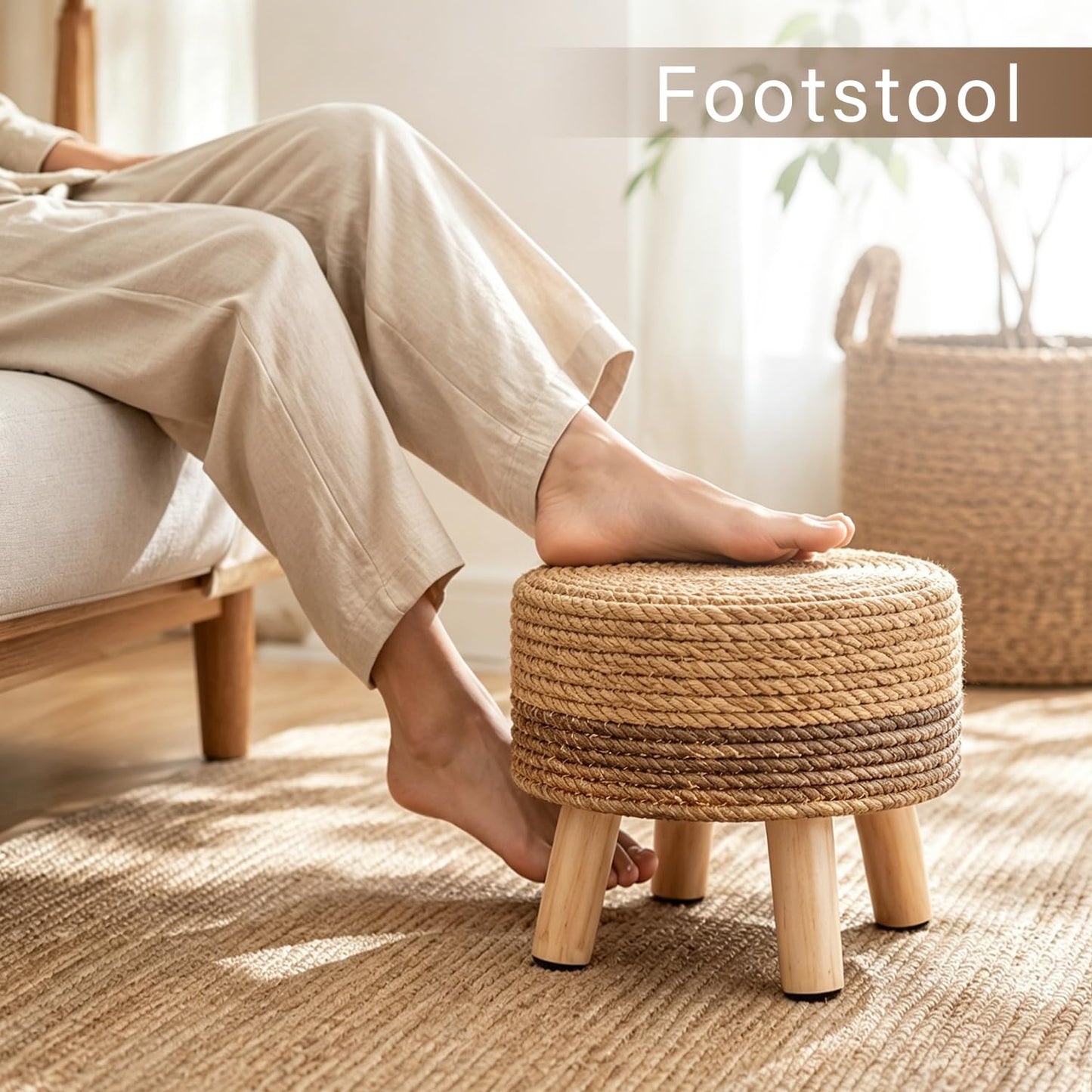 Wimarsbon Round Foot Stool Natural Seagrass Poufs Ottoman Hand Weave Footrest Stool for Couch Desk Extra Seat Step Stool with Solid Wood Legs for Hallway Patio Lounge Brown