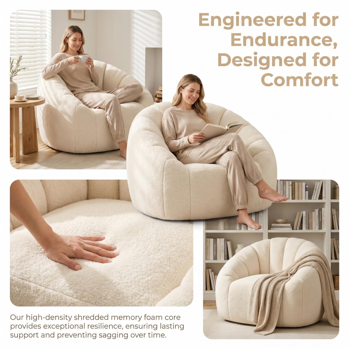 Giant Bean Bag Chair, Oversized Bean Bag Couch with Armrests for Adults, Cozy Faux Fur Shell-Shaped Lazy Sofa with High-Density Foam, Soft Comfy Floor Lounger Chair for Reading & Gaming, Beige