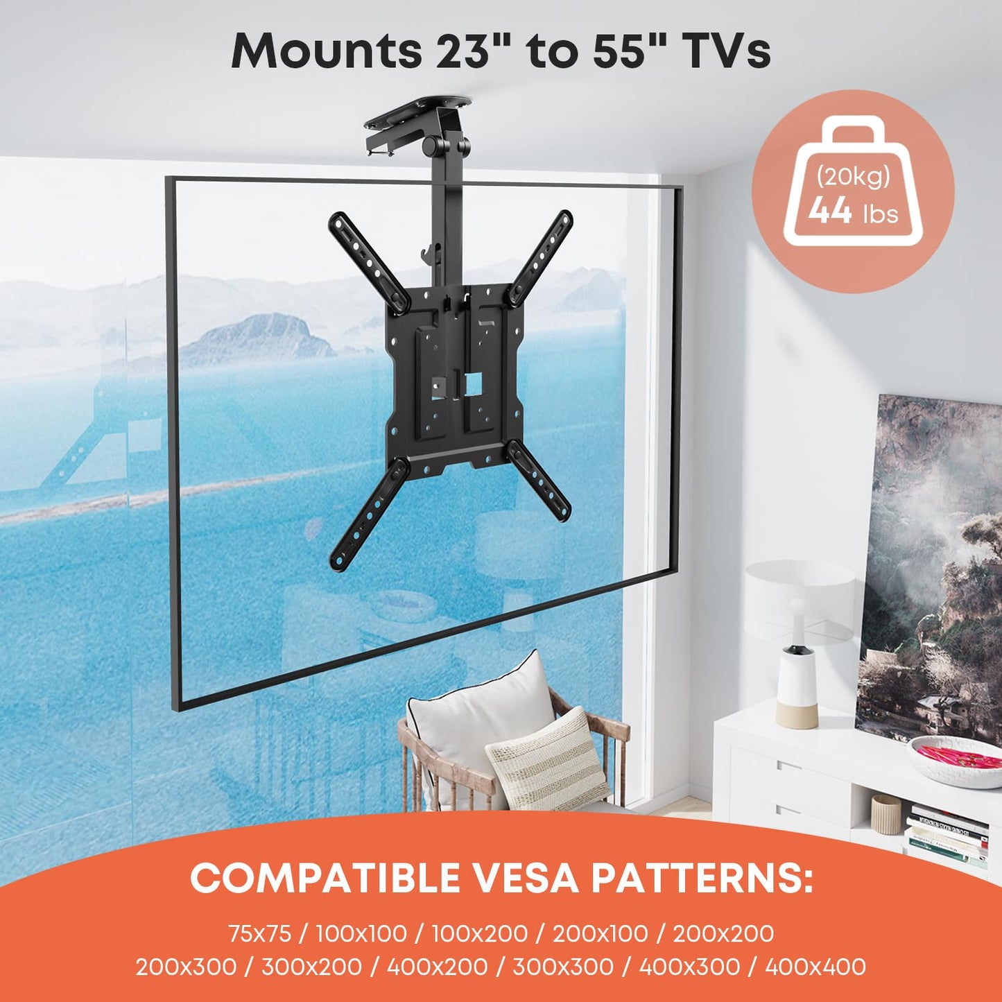 PUTORSEN Flip Down TV Mount, Manual Folding Ceiling TV Mount for Most 23'' to 55'' TVs, Height Adjustable Drop Down TV Mount for Flat & Pitched Roof, Swivel, Max Load 44lbs, Max VESA 400x400, Black