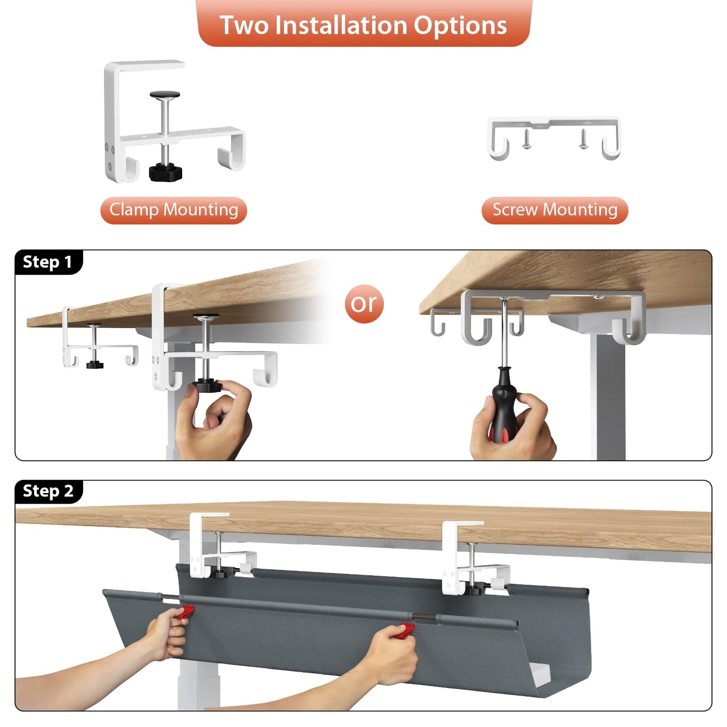 Univivi No Drill Under Desk Cable Management Tray, 36" Cord Organizer for Table, Clamp/Screw Mount Desk Cable Management, Premium Fabric Cable Management Tray for Office, Home
