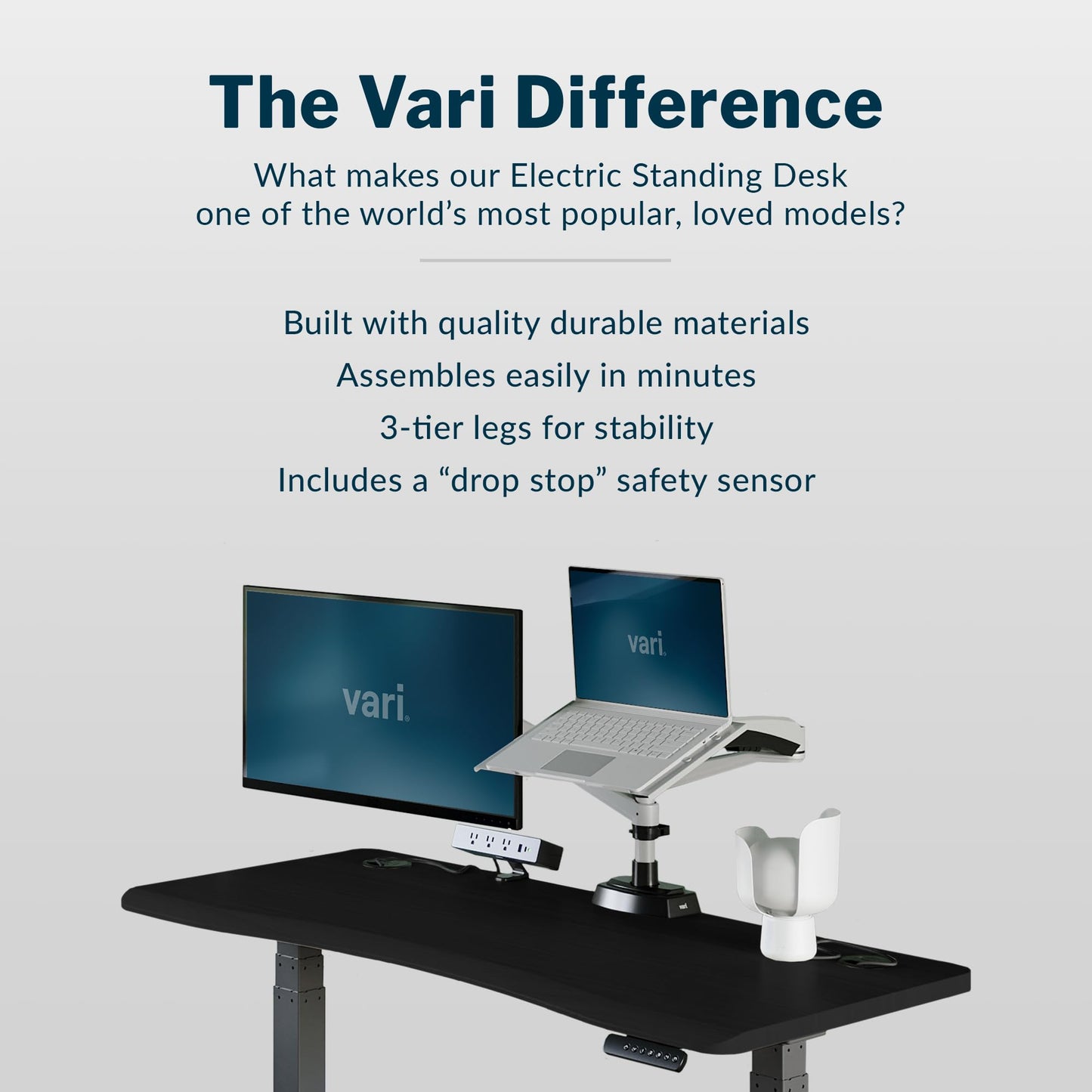 Vari Ergo 54x26 Electric Standing Desk – Height Adjustable Sit Stand VariDesk + Curved Waterfall Edge, 4 Memory Settings, Quick Assembly, Cable Management, 200 lb Capacity – Black (2 Boxes)