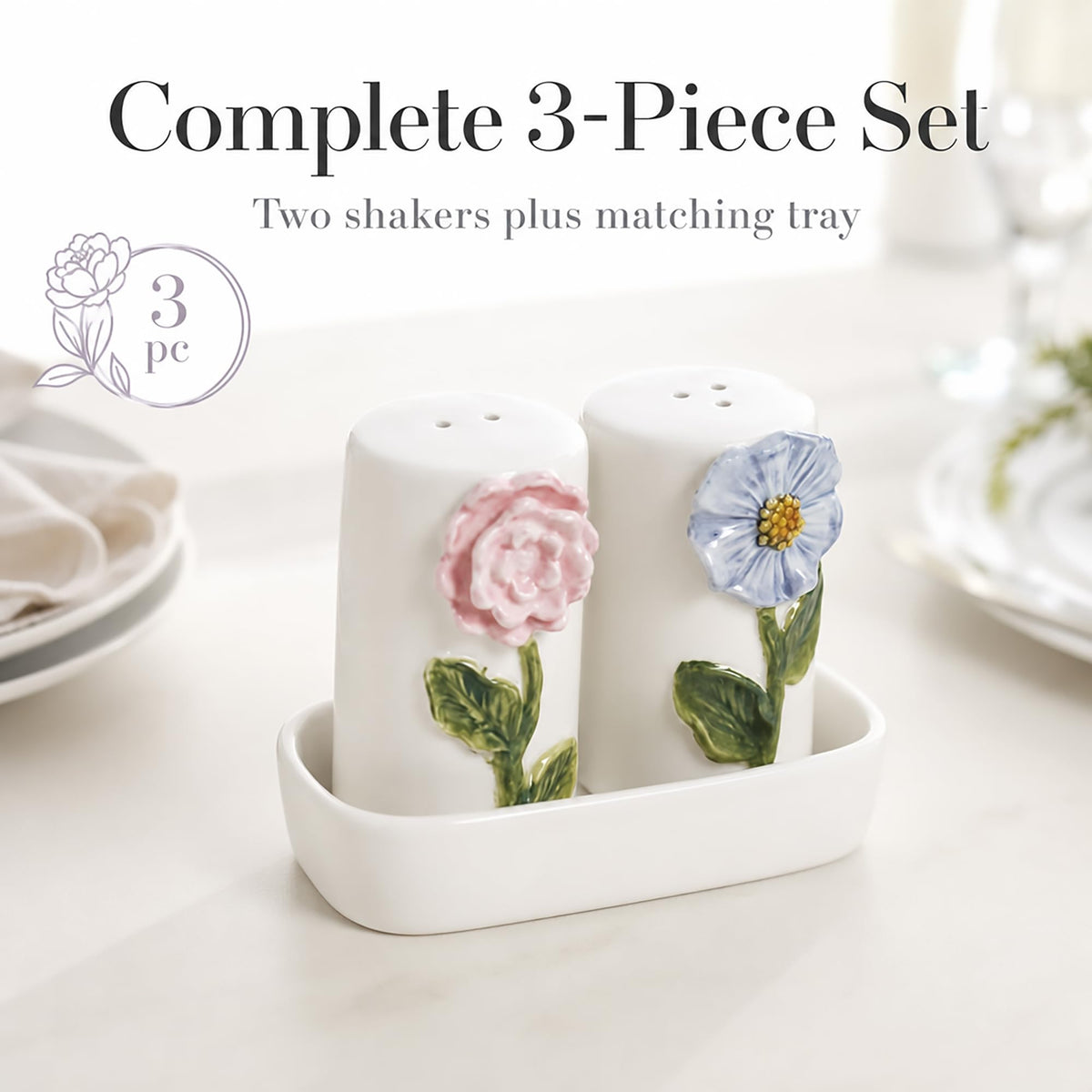 Mud Pie Stoneware Flower Salt And Pepper Shaker Set