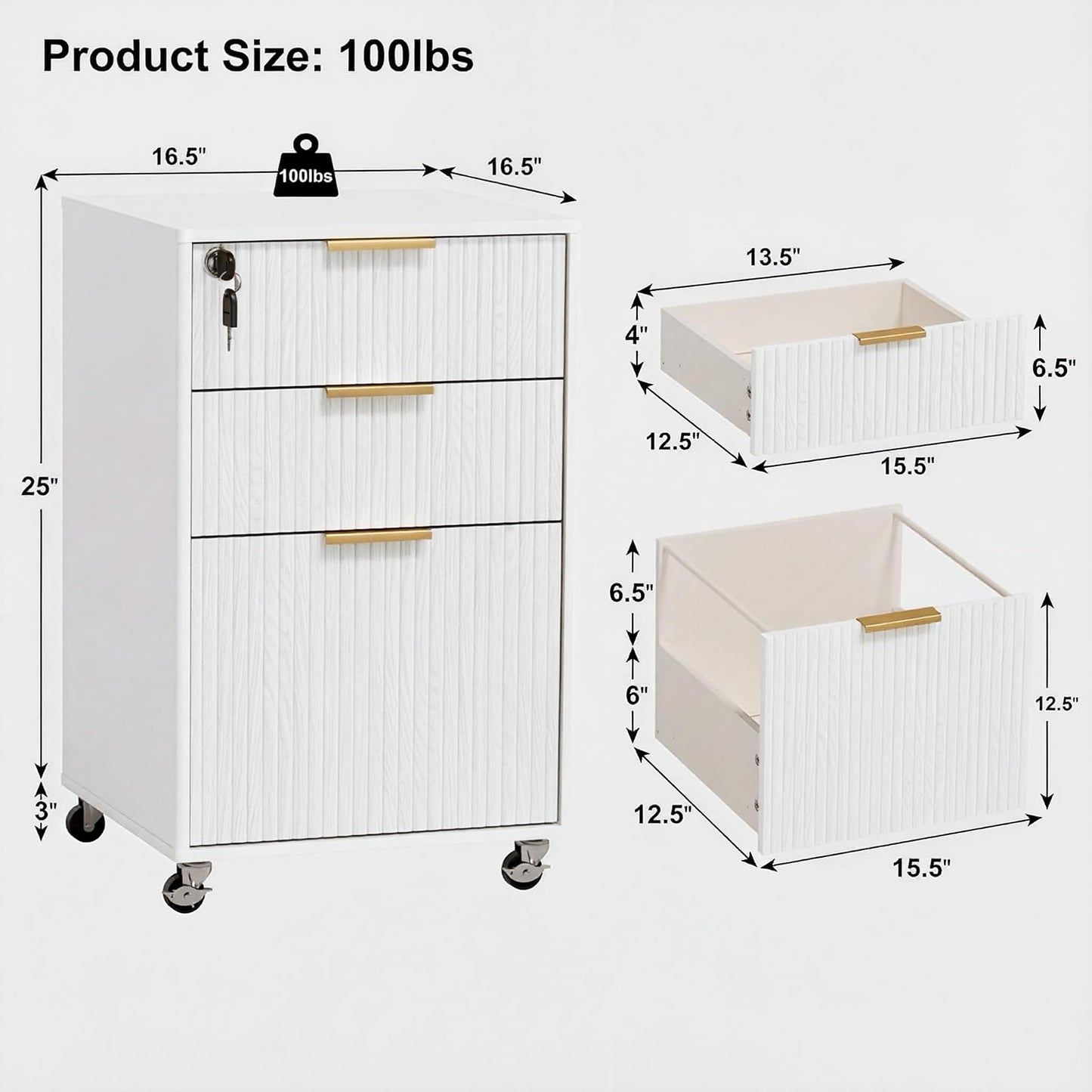 3 Drawers Fluted Mobile File Cabinet with Lock, Rolling File Cabinet Printer Stand Table, Under Desk Wooden Filing Cabinets for Home Office Essentials Storage Organization Furniture Letters/A4(White)
