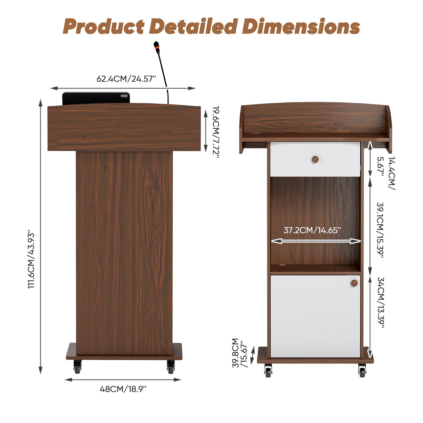 Suuiwau Mobile Wooden Podium Stand with Metal Wheels, Portable Pulpit with Drawer and Storage Cabinet, Built-in Cable Hole Lectern for Office Classroom Lecture Restaurant Church (Brown White)