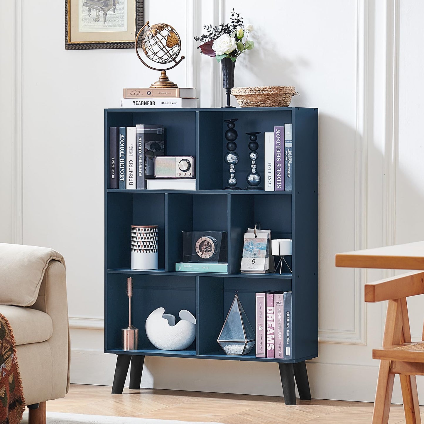 LEYAOYAO Cube Bookshelf 3 Tier Mid-Century Rustic Dark Blue Modern Bookcase with Legs,Retro Wood Bookshelves Storage Organizer Shelf,Freestanding Open Book Shelves for Bedroom,Living Room,Office