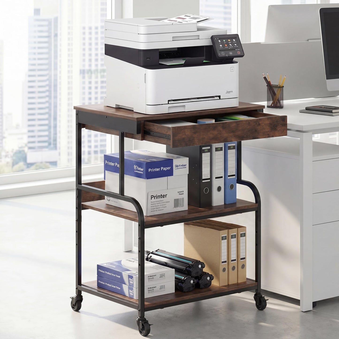 DongRong 3 Tier Printer Stand with Drawer – Rolling Printer Cart on Wheels for Home Office, Adjustable Shelf & Heavy Duty Steel Frame, Large Printer Table for Scanner Fax Copier,23.6''x18.9''