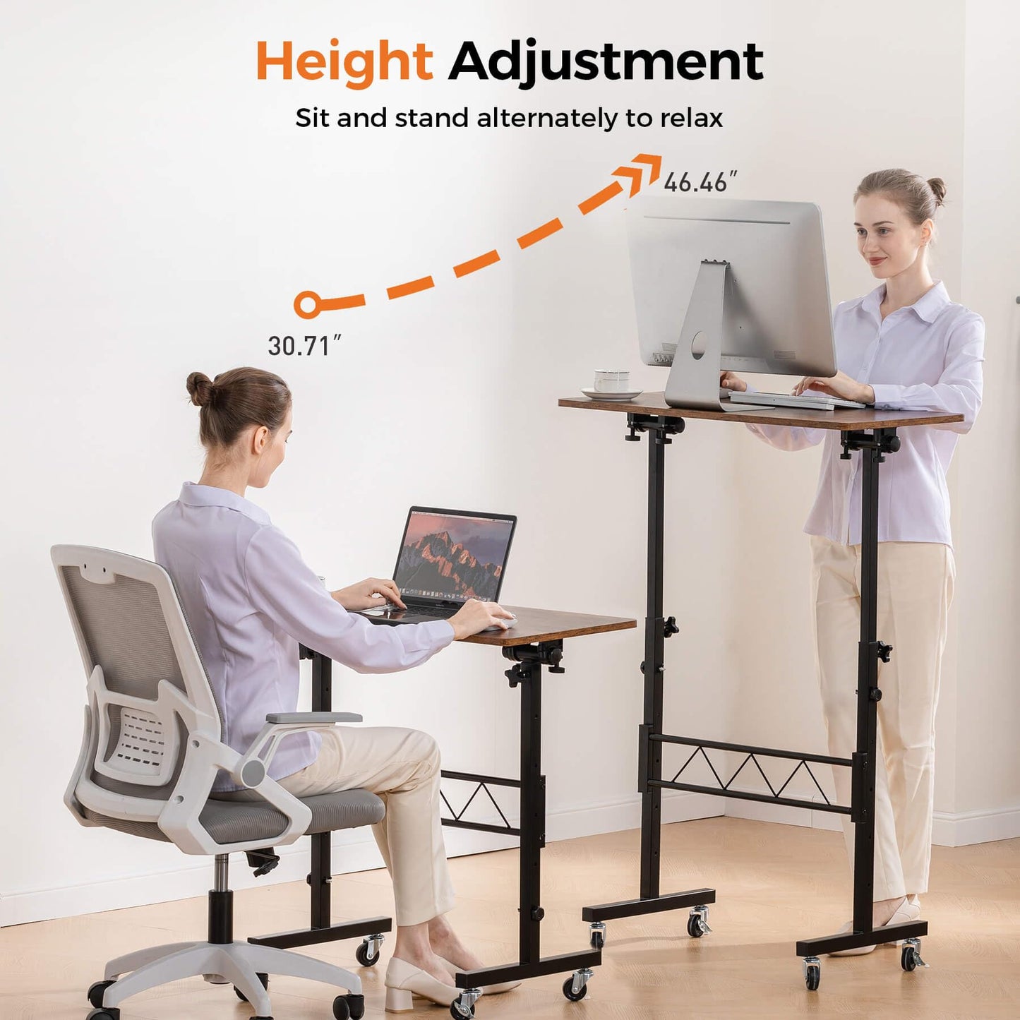 COMHOMA Standing Desk Adjustable Height & Tiltable Tabletop, Portable Stand Up Desk for Laptop, Mobile Folding Desk for Home Office Work and Walking Pad Treadmill, Height 30.7"-46.4", Brown