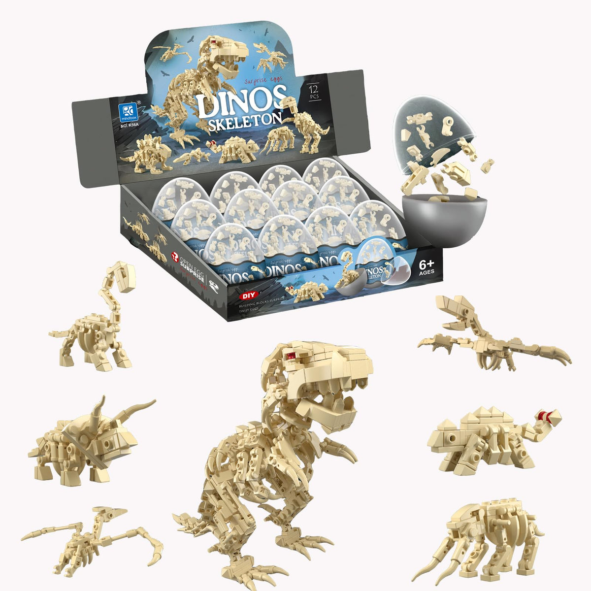 auryee 12PCS Pre Filled Easter Eggs with Toys Inside - 12 in 1 Big Dinosaur Skeleton Model Building Kits Toy for Kids Age 6+ Years Old