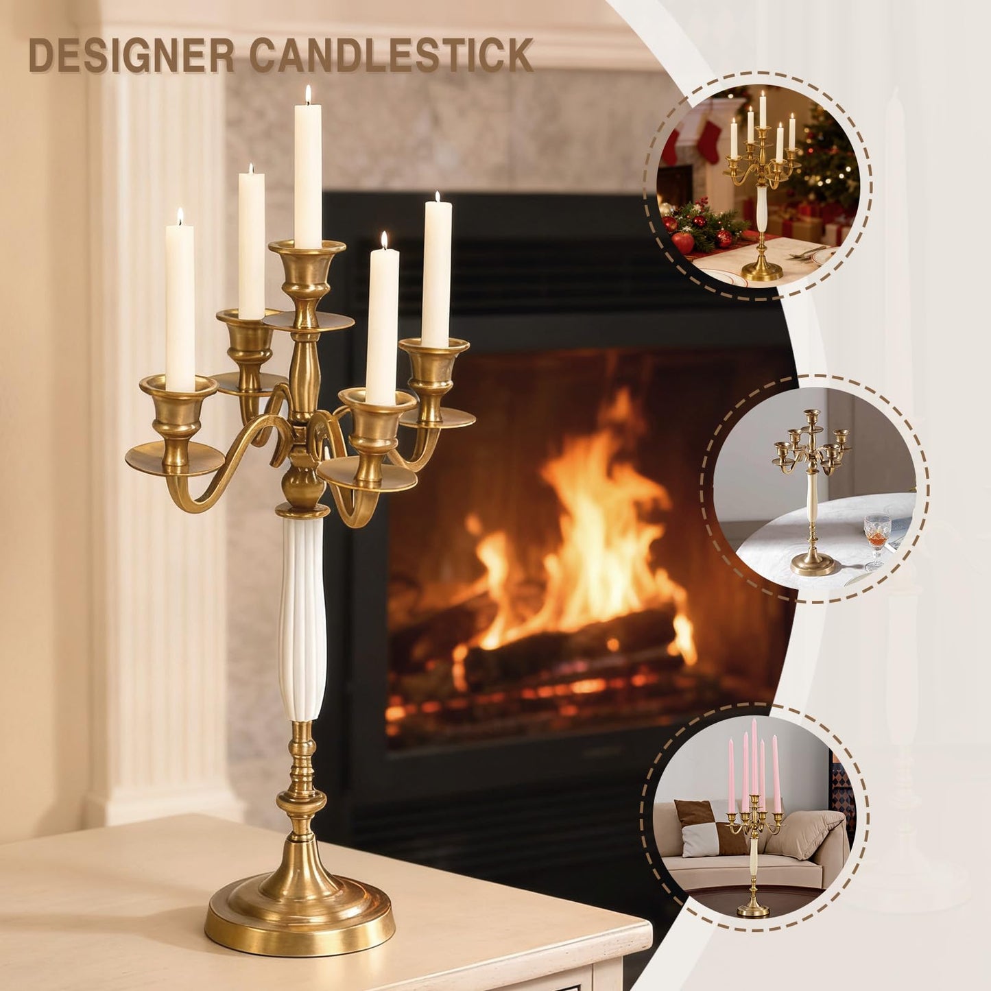 5 Arms Brass Plated Metal Candelabra Candle Stand Candlestick Holder for Wedding Dining Table Christmas Party and Indoor Home Decoration
