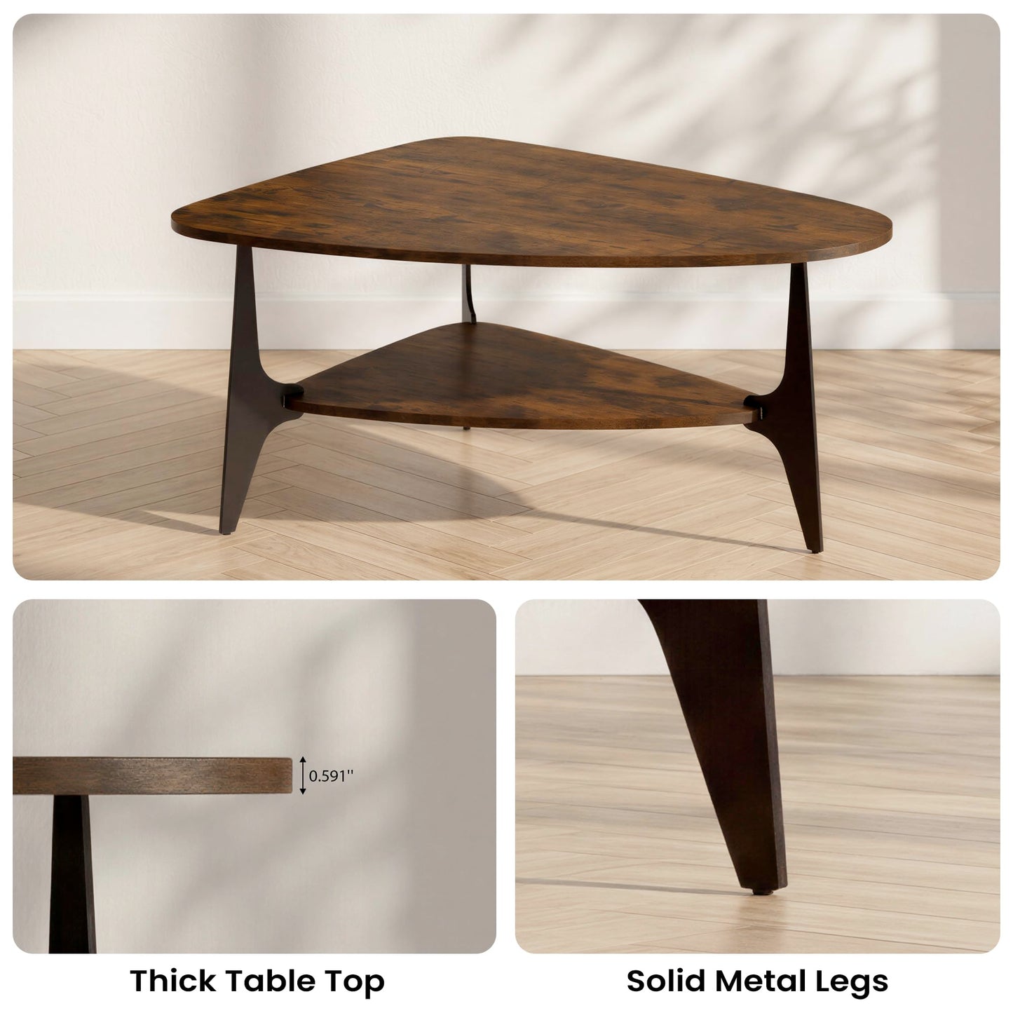 MWOOD Triangle Coffee Table, 33.5″‌ Modern Coffee Table with Storage Shelf, Waterproof Easy to Clean Center Table for Living Room, Apartment, Rustic Brown