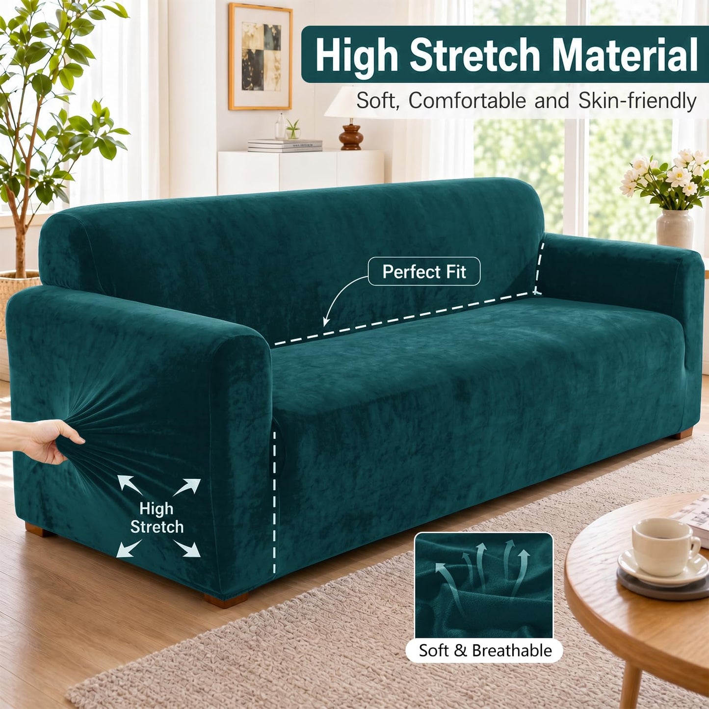 YEMYHOM Real Velvet Couch Covers for 2 Cushion Couch High Stretch 1 Piece Loveseat Slipcover for Pets Dogs Anti Slip Love Seat Sofa Slipcover Furniture Protector (55"-69", Blackish Green)