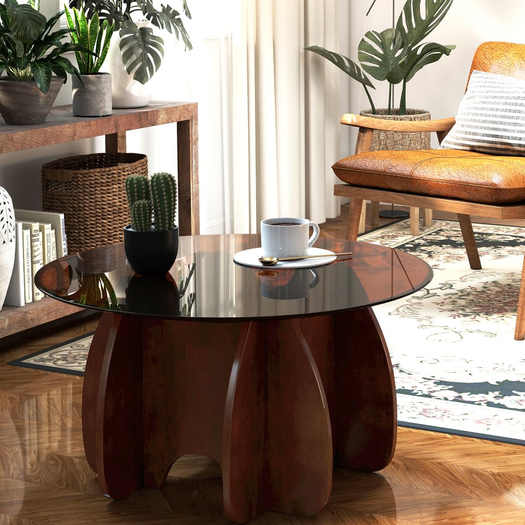 RUBAPOSM Round Glass Coffee Table - 30 Inch Diameter Brown Tempered Top with Walnut Solid Wood Legs - Modern Mid Century Center Trestle for Living Room Small Spaces and Minimalist Home Decor Furniture